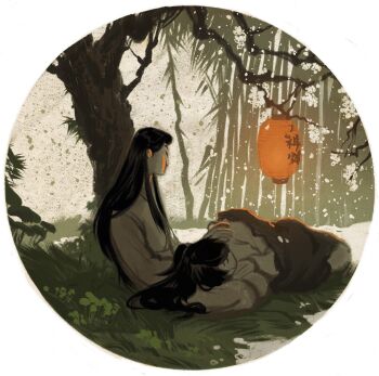 2boys bamboo black_hair border branch brown_cloak chinese_clothes chinese_text chu_wanning circle cloak closed_eyes couple erha_he_ta_de_bai_mao_shizun flower grass hand_on_another&#039;s_knee hand_on_another&#039;s_shoulder hashtag-only_commentary highres lantern lap_pillow long_hair long_sleeves lying male_focus mo_ran moss multiple_boys mushroom on_ground on_side orange_light outdoors paper_lantern ponytail robe rounded_corners sitting sleeping snow snowing tree under_tree very_long_hair white_border white_flower white_robe winter yaoi yaroslava_murashko