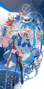 2boys 4girls absurdres alternate_costume armband blonde_hair blue_eyes blue_flower blue_hair blue_jacket boots brown_hair chibi closed_mouth flower full_body fur-trimmed_jacket fur_trim gears goggles goggles_on_headwear hat hatsune_miku hatsune_miku_(miku_with_you_2025) highres jacket kagamine_len kagamine_rin kaito_(vocaloid) long_hair long_sleeves looking_at_viewer megurine_luka meiko_(vocaloid) miku_with_you_(vocaloid) mini_person miniboy minigirl multiple_boys multiple_girls pink_hair pye_yyy red_flower standing thighhighs twintails very_long_hair vocaloid white_hat