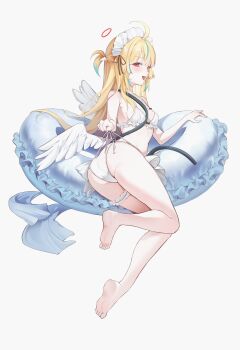 1girl absurdres ahoge ass barefoot bikini blonde_hair blue_hair breasts commentary_request feathered_wings frilled_innertube frilled_thigh_strap frills halo hare_(hare_1730) highres indie_virtual_youtuber innertube long_hair looking_at_viewer maid_headdress open_mouth red_eyes red_halo simple_background small_breasts soles solo swim_ring swimsuit thigh_strap toes two_side_up virtual_youtuber white_background white_bikini white_wings wings