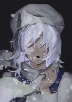 Rule 34 | 1girl, commentary request, covered eyes, english text, highres, letty whiterock, medium hair, portrait, shadow, snowing, solo, straight-on, touhou, triangular headpiece, ue toono (atano)