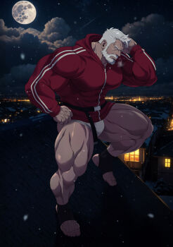 1boy ai-assisted ai-generated_background bara beard briefs connected_beard covered_abs covered_pectorals facial_hair full_beard full_moon highres hood hood_down hooded_track_jacket jacket male_focus male_underwear mature_male moon muscular muscular_male night old old_man on_roof outdoors paid_reward_available pectorals red_jacket ryans sanda_(itagaki_paru) santa_claus_(sanda) short_hair snowing solo thick_arms thick_thighs thighs track_jacket underwear variant_set white_hair white_male_underwear