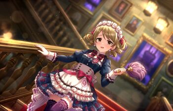 1girl apron blurry blurry_background bow bowtie brown_eyes brown_hair buttons dress drill_hair duster earrings feather_duster game_cg holding idolmaster idolmaster_cinderella_girls idolmaster_cinderella_girls_starlight_stage jewelry lamp maid_headdress morikubo_nono official_art open_mouth picture_frame puffy_sleeves railing stairs thighhighs twin_drills twintails