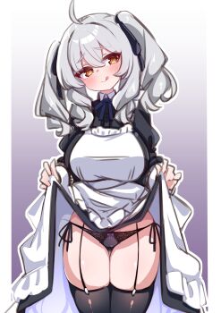 1girl ahoge apron black_dress black_panties black_ribbon black_thighhighs blush breasts brown_eyes clothes_lift dress dress_lift garter_straps grey_hair hair_ribbon hutomayu_yu lace lace-trimmed_panties lace_trim large_breasts licking_lips long_hair maid milltina_(vrchat) orange_eyes panties purple_background ribbon side-tie_panties smile solo standing thighhighs tongue tongue_out twintails underwear vrchat white_dress