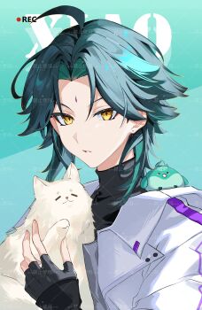 1boy absurdres ahoge bird black_gloves black_skirt c_ixxp fingerless_gloves genshin_impact gloves hashtag-only_commentary highres jacket looking_at_viewer recording skirt solo teeth white_jacket writing xiao_(genshin_impact) yellow_eyes