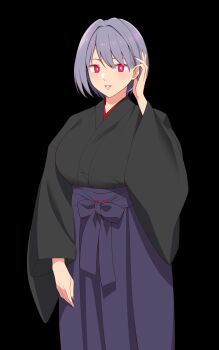 1girl absurdres alternate_eye_color alternate_hair_color black_background breasts bright_pupils commentary_request hair_behind_ear hakama hakama_skirt highres japanese_clothes kloah miko original parted_lips pink_eyes purple_hair purple_hakama short_hair skirt solo translation_request white_pupils