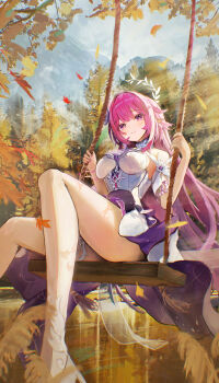 1girl absurdres akahoshi_azu breasts closed_mouth commentary cyrene_(demiurge)_(honkai:_star_rail) cyrene_(honkai:_star_rail) diamond-shaped_pupils diamond_(shape) dress flower hair_flower hair_ornament heart heart_in_eye highres honkai:_star_rail honkai_(series) large_breasts long_hair on_swing outdoors pink_eyes pink_hair pointy_ears purple_flower purple_rose rose sidelocks smile solo swing swing_set symbol-shaped_pupils symbol_in_eye thighs very_long_hair white_dress