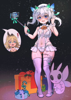 ! 2girls :d absurdres animal_ear_fluff animal_ears blonde_hair blue_eyes blue_nails blush box breasts butterfly_hair_ornament cameltoe cosplay covered_navel creature double_bun fake_animal_ears fang female_focus full_body fur-trimmed_headwear fur-trimmed_sleeves fur_trim gift gift_box gluteal_fold goddess_of_victory:_nikke green_eyes green_panties hair_between_eyes hair_bun hair_ornament heart heart-shaped_pupils highres kilowinwin leotard loli long_hair multiple_girls n102_(miracle_fairy)_(nikke) n102_(nikke) nail_polish neck_bell open_mouth panties rupee_(nikke) rupee_(nikke)_(cosplay) rupee_(winter_shopper)_(nikke) scrunchie see-through_clothes see-through_leotard selfie_stick short_twintails skin_fang small_breasts smile string_panties symbol-shaped_pupils thighhighs twintails underwear white_hair white_leotard white_thighhighs wrist_scrunchie