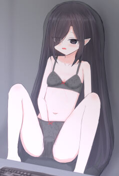 1girl absurdres after_masturbation barefoot black_bra black_eyes black_hair black_panties blush bow bow_bra bow_panties bra breasts collarbone computer_keyboard crotch_seam elf eyes_visible_through_hair floral_print hair_over_one_eye hand_in_panties highres lace lace-trimmed_bra lace-trimmed_panties lace_trim loli long_hair looking_at_screen masturbation navel open_mouth original panties pointy_ears print_bra print_panties pussy_juice_stain red_bow shooko sitting small_breasts spread_legs stained_panties underwear very_long_hair wet wet_clothes wet_panties