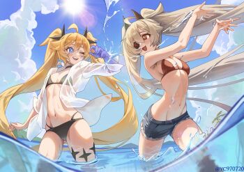 2girls :d absurdres ahoge bikini black_bikini black_choker black_horns blonde_hair blue_eyes blue_shorts blue_sky blush breasts bright_pupils choker clear_(djmax) cleavage cloud cloudy_sky colored_extremities commentary_request day djmax djmax_respect eyepatch fail_(djmax) feet_out_of_frame grey_hair hair_between_eyes highres horns korean_commentary large_breasts long_hair looking_at_another medium_breasts multiple_girls navel one_eye_closed open_clothes open_mouth open_shirt outdoors purple_hands red_bikini see-through_clothes see-through_shirt shirt short_shorts shorts sky sleeveless smile stomach swimsuit thighs twintails twitter_username upper_body wading white_pupils white_shirt yc97
