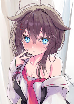 1girl absurdres ahoge black_vest blue_eyes braid breasts brown_hair casual cleavage commentary_request hair_flaps hair_ornament hair_over_shoulder highres hizaka indoors kantai_collection long_hair long_sleeves looking_at_viewer medium_breasts neckerchief necktie off_shoulder one-hour_drawing_challenge red_necktie shigure_(kancolle) shigure_(saury_festival)_(kancolle) shigure_kai_san_(kancolle) shirt signature single_braid smile solo twitter_username upper_body vest white_shirt