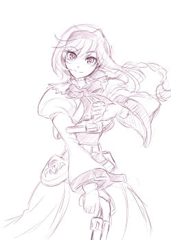 Rule 34 | 1girl, belt, bow, braid, closed mouth, coat, commentary request, dress, dual wielding, greyscale, gun, hairband, highres, holding, holding gun, holding weapon, long hair, looking at viewer, monochrome, sidelocks, simple background, sketch, smile, solo, suga leon, virginia maxwell, weapon, white background, wild arms, wild arms 3