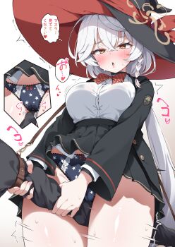 1girl absurdres black_panties black_skirt blue_archive bolt_action bow bowtie breasts brown_halo bushinofuji cameltoe carcano clothed_masturbation crotch_rub diagonal-striped_bow diagonal-striped_bowtie diagonal-striped_clothes eri_(blue_archive) female_masturbation gun halo hat heart highres large_breasts long_hair long_sleeves masturbation masturbation_through_clothes miniskirt orange_eyes panties pleated_skirt print_panties red_bow red_bowtie red_streaks rifle shirt skirt speech_bubble spoken_heart striped_bow striped_bowtie striped_clothes thought_bubble tilted_halo translation_request two-sided_fabric two-sided_headwear unbuttoned_jacket underwear very_long_hair weapon white_hair white_shirt witch_hat