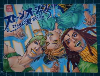 3girls animal_print blonde_hair blue_coat blue_eyes bracelet braid braided_bun braided_ponytail breasts brown_hair butterfly_print cleavage clenched_teeth coat commentary dark-skinned_female dark_skin double_bun dreadlocks english_commentary ermes_costello eyeshadow facial_mark foo_fighters_(jojo) green_eyes green_eyeshadow green_hair green_lips green_nails green_overalls green_shirt green_vest grin hair_bun hair_ornament hairclip heart_ornament highres holding_hands jewelry jojo_no_kimyou_na_bouken kuujou_jolyne logo long_hair makeup marker_(medium) maya_panda medium_breasts multicolored_hair multiple_girls overalls photo_(medium) shirt short_hair signature single_braid sleeveless sleeveless_sweater smile spider_web_print stone_ocean sweater teeth traditional_media turtleneck two-tone_hair vest yellow_lips yellow_sweater
