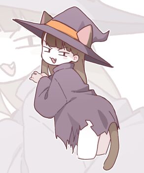 1girl :3 animal_ears brown_hair cat_ears cat_girl cat_tail child_gf_(orenji) commentary english_commentary fang from_behind grey_cloak grey_hat halloween_costume hat highres kemonomimi_mode leaning_forward long_hair long_sleeves looking_at_viewer looking_back naughty_face open_mouth orenjipiiru original own_hands_together paid_reward_available smile solo tail witch_hat