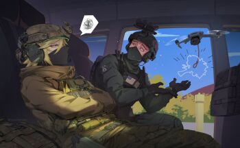 1boy 1girl american_flag bag black_bag black_gloves black_jacket black_mask black_pants blonde_hair blue_sky brown_jacket bulletproof_vest camouflage camouflage_bag camouflage_pants car_interior cellphone combat_helmet commission crossed_arms dotted_line drone ear_protection glock gloves green_eyes gun handgun helmet highres holstered jacket looking_at_another looking_up magazine_(weapon) mask medium_hair night_vision_device original pants paperboathat phone red_eyes rope scar scar_across_eyebrow scar_on_face sky sonya_(paperboathat) speech_bubble sweatdrop tom_clancy&#039;s_the_division twitter_username weapon