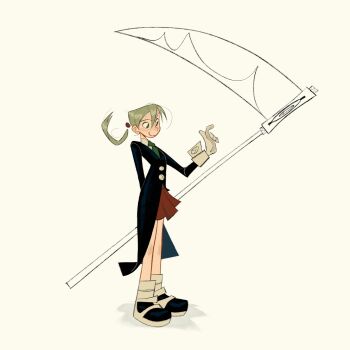 Rule 34 | 1girl, black jacket, blonde hair, boots, closed mouth, collared shirt, commentary, full body, green eyes, green necktie, hair between eyes, highres, holding, holding scythe, jacket, maka albarn, necktie, pleated skirt, red skirt, rudy hill, school uniform, scythe, shirt, simple background, sketch, skirt, smile, solo, soul eater, standing, twintails, white shirt, white wrist cuffs, wrist cuffs