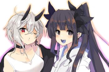2girls absurdres artemis_of_the_blue atelier_live axia_(03400441) black_hair black_horns blue_tongue breasts cleavage colored_tongue commentary commission grey_hair highres hood hood_down hoodie horns imp indie_virtual_youtuber long_hair mole mole_under_eye multiple_girls one_eye_closed ponytail red_eyes rinkya shark_girl sharp_teeth skeb_commission teeth virtual_youtuber white_hoodie
