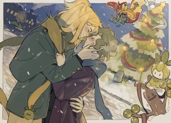 Rule 34 | 2boys, arm around waist, black coat, blue scarf, blush, border, brassius (pokemon), building, buttoned cuffs, buttons, capelet, christmas, christmas ornaments, christmas tree, closed eyes, closed mouth, coat, commentary request, cowboy shot, dratini, dutch angle, flapple, frigibax, gen 1 pokemon, gen 2 pokemon, gen 5 pokemon, gen 8 pokemon, grey coat, hand on another's face, hassel (pokemon), layered sleeves, long sleeves, luminous slime, male focus, multiple boys, night, night sky, nintendo, outdoors, outside border, petilil, pokemon, pokemon (creature), pokemon sv, ponytail, scarf, short hair, short ponytail, sky, smile, snow, snowing, star (sky), star (symbol), starry sky, sudowoodo, sunflora, tree, wavy hair, white border, winter, yaoi