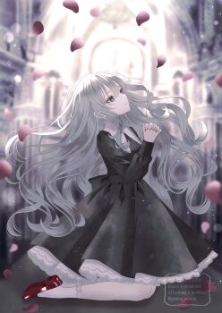 1girl absurdres back_bow black_bow black_dress blurry blurry_background bow breasts church commentary_request dress falling_petals fingernails floating_hair from_side full_body grey_hair highres indoors kneeling lace lace-trimmed_collar lace-trimmed_dress lace-trimmed_socks lace_trim long_hair long_sleeves looking_up medium_breasts on_ground original own_hands_clasped own_hands_together parted_lips paruno petals petticoat praying puritan_collar red_shoes shoes socks solo very_long_hair watermark white_socks