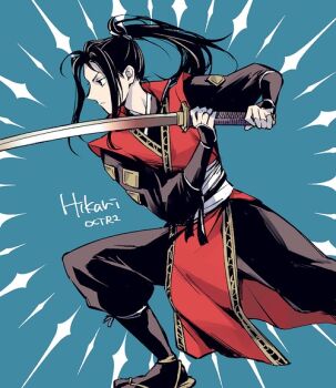 1boy black_eyes black_hair black_socks blue_background character_name closed_mouth commentary copyright_name grel_(r6hgvu5) high_ponytail hikari_ku holding holding_sword holding_weapon japanese_clothes male_focus octopath_traveler octopath_traveler_ii platform_sandals ponytail sandals socks solo sword symbol-only_commentary tabi weapon zouri