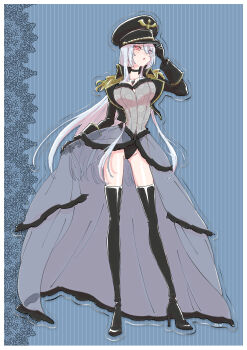 1girl absurdres black_boots black_choker black_gem black_gloves black_jacket black_lobelia black_lobelia_(cosplay) black_thighhighs blue_eyes boots choker commentary corset cosplay gem gloves gold_trim hand_on_headwear hat heterochromia high_heel_boots high_heels highres jacket kitagawa_marin leotard military_hat nishihara_erika official_art red_eyes solo sono_bisque_doll_wa_koi_wo_suru thigh_boots thighhighs white_hair