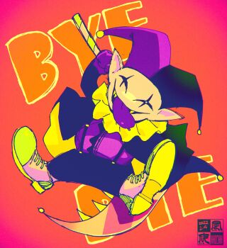 1boy black_pants cape colored_teeth colored_tongue deltarune gloves hat highres holding holding_knife jester jester_cap jevil knife pants purple_gloves purple_tongue shoes teeth tongue tongue_out undertale utdr_(toby_fox) yellow_collar yellow_shoes yellow_teeth yokaze_(xxxdisxxx)