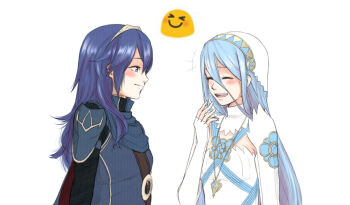 2girls azura_(fire_emblem) blue_hair breasts closed_eyes closed_mouth elbow_gloves emoji fingerless_gloves fire_emblem fire_emblem_awakening fire_emblem_fates gloves hair_between_eyes happy jewelry lithety looking_at_another lucina_(fire_emblem) multiple_girls nintendo open_mouth pendant small_breasts smile