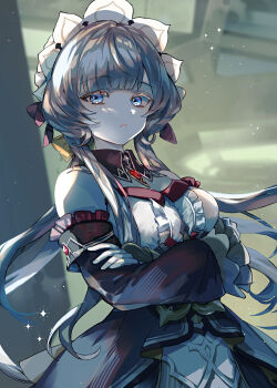 1girl black_collar black_dress blue_eyes brown_hair center_frills collar commentary crossed_arms detached_collar detached_sleeves dress frilled_sleeves frills gem genshin_impact gloves highres long_hair looking_at_viewer obakeno_m open_mouth red_gemstone sandrone_(genshin_impact) solo upper_body white_gloves white_headdress