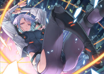 1girl arms_up black_boots blue_eyes blue_leotard blue_panties boots breasts clothing_cutout commentary_request cropped_jacket cyberpunk:_edgerunners cyberpunk_(series) eyeliner gradient_eyes gradient_hair hagure_keg hip_vent jacket knee_boots large_breasts leotard long_sleeves looking_at_viewer lucy_(cyberpunk) makeup multicolored_eyes multicolored_hair open_clothes open_jacket panties parted_lips purple_eyes red_eyeliner short_hair solo teeth thighs underwear white_jacket