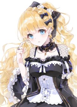 Rule 34 | 1girl, black bow, black dress, blonde hair, blue eyes, bow, breasts, center frills, choker, cleavage, dress, earrings, fightfish, frilled choker, frilled dress, frilled sleeves, frills, hair bow, hand up, hashtag-only commentary, highres, jewelry, large breasts, long hair, long sleeves, looking at viewer, mahou shoujo no majo saiban, one side up, parted lips, ring, saeki miria, simple background, solo, upper body, wavy hair, white background