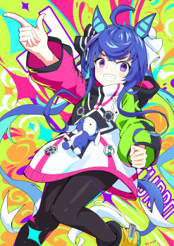 Rule 34 | 1girl, @ @, absurdres, ahoge, animal ears, black leggings, blue eyes, blue hair, blush, boots, chinese commentary, coat, commentary, crossed bangs, drawstring, grin, heterochromia, highres, hood, hooded coat, hoodie, horse ears, horse girl, horse tail, leggings, long hair, long sleeves, looking at viewer, multicolored coat, multicolored hair, multicolored hoodie, open mouth, purple eyes, sharp teeth, smile, solo, stuffed animal, stuffed rabbit, stuffed toy, tail, teeth, twin turbo (blast mode! turbo engine) (umamusume), twin turbo (umamusume), twintails, umamusume, ye yemail, yellow boots