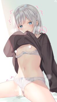Rule 34 | 1girl, after masturbation, areola slip, black shirt, blush, bow, bow bra, bow panties, bra, bra pull, braid, breasts, censored, censored nipples, clothes lift, clothes pull, clothing aside, commentary request, hand up, heart, highres, lifting own clothes, long sleeves, medium hair, navel, original, panties, panties aside, parted lips, pussy juice stain, raised inner eyebrows, ramchi, shirt, side braid, silver hair-chan (ramchi), single braid, sitting, sleeves past fingers, sleeves past wrists, small breasts, small sweatdrop, spread legs, stomach, striped clothes, striped panties, sweat, swept bangs, thighs, trembling, underwear, vertical-striped clothes, vertical-striped panties, white bra, white hair, white panties