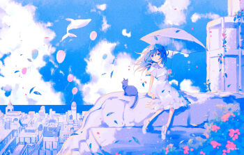 arm_support balloon black_cat blue_eyes blue_sky building cat cloud dolphin dress flower highres holding leaf light_smile long_hair ocean original parasol petals rock side_part sitting sky umbrella white_dress yanagima_yu03