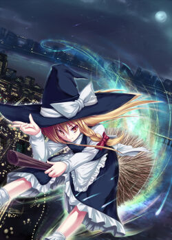 1girl blonde_hair braid broom broom_riding cityscape date_hajime female_focus hat kirisame_marisa moon night night_sky outdoors sky solo touhou twin_braids witch witch_hat yellow_eyes