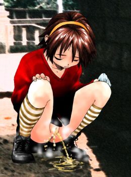 1girl artist_request black_shoes black_skirt blush brick_wall brown_hair brown_socks censored character_request collarbone copyright_request hairband holding holding_panties holding_underwear holding_unworn_clothes kneehighs long_sleeves looking_down mosaic_censoring panties peeing puddle pussy red_shirt shirt shoes short_hair skirt socks squatting steam striped_clothes striped_socks underwear unworn_panties white_panties