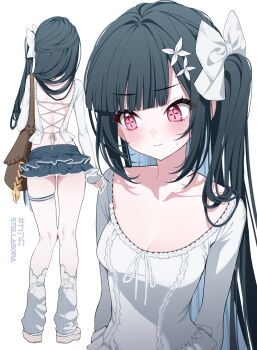1girl backless_shirt bag black_hair black_skirt blush bow closed_mouth colored_inner_hair cross-laced_clothes cross-laced_top embarrassed hair_bow highres kneepits layered_skirt long_hair long_sleeves microskirt multicolored_hair multiple_views nazuka_(stella_sora) one_side_up pink_eyes scoop_neck shirt shoes shoulder_bag simple_background sirin_(sirin_8_8) skirt sleeves_past_wrists small_sweatdrop socks standing stella_sora thigh_strap white_background white_bow white_shirt white_shoes white_socks