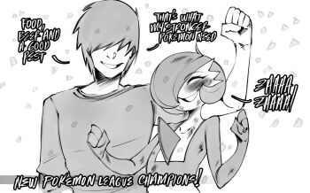 1boy 1cuntboy ^_^ arm_at_side blush bob_cut bruise clenched_hand clenched_hands closed_eyes collarbone cuntboy english_text flat_chest gardevoir gen_3_pokemon greyscale grin hair_over_eyes hair_over_one_eye hand_up hands_up happy injury monochrome nintendo one_eye_covered pokemon pokemon_(creature) saltyxodium scratches shirt short_hair short_sleeves simple_background smile standing swept_bangs talking teeth upper_body white_background