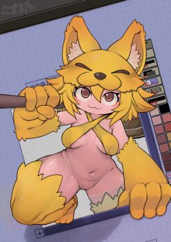 1girl :3 absurdres animal_ear_fluff animal_feet animal_hands art_program_in_frame blush bottomless bra breasts brown_eyes commentary_request commission criss-cross_halter foot_out_of_frame fox_girl fox_hat hair_between_eyes halterneck highres holding holding_staff looking_at_viewer medium_breasts moonlight_flower navel no_pussy ragnarok_online rosia_san short_hair skeb_commission solo staff through_medium through_screen underboob underwear variant_set yellow_bra