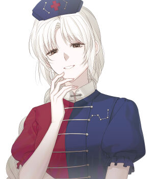 1girl blue_hat commentary cross cross_print dress fingernails frilled_sleeves frills hat highres ktsis long_hair looking_at_viewer nurse_cap puffy_short_sleeves puffy_sleeves short_sleeves simple_background smile solo split-color_clothes touhou two-tone_dress upper_body very_long_hair white_background white_hair yagokoro_eirin