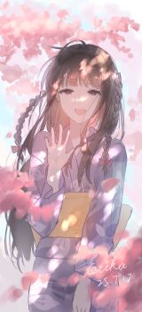 Rule 34 | 1girl, absurdres, black hair, blush, braid, cherry blossoms, commentary request, dated, erika (user spth3377), falling petals, highres, japanese clothes, kimono, kitanai kimi ga ichiban kawaii, long hair, long sleeves, open mouth, petals, purple kimono, red eyes, sash, sezaki airi, side braids, solo, waving, yellow sash