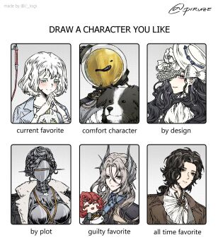 6+girls ^_^ ascot black_cape black_coat black_hair blue_jacket border_collie bow brown_coat cape chibi chibi_inset closed_eyes coat coat_on_shoulders cristallo dog dress english_text facing_viewer ferrofluid fishbowl_helmet green_eyes greta_hofmann grey_eyes grey_hair hair_ornament hands_up hat hat_bow highres isolde_(reverse:1999) jacket joints lanyard long_hair low_ponytail lucy_(reverse:1999) marsha_(reverse:1999) medium_hair metal_hair metal_skin multiple_drawing_challenge multiple_girls object_head open_mouth own_hands_together pickles_(reverse:1999) piruze ponytail profile purple_eyes red_hair reverse:1999 robot_girl robot_joints sentinel_(reverse:1999) shirt shirt_on_shoulders short_hair smile steepled_fingers striped_clothes striped_shirt ulrich_(reverse:1999) upper_body veil vertical-striped_clothes vertical-striped_shirt white_ascot white_bow white_dress white_hair white_hat white_veil