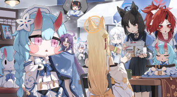 6+girls absurdres animal_ears black_dress black_eyes black_hair black_horns black_streaks blonde_hair blue_archive blue_hair blue_halo blue_haori broken_horn china_dress chinese_clothes chise_(blue_archive) chise_(blue_archive)_(cosplay) colored_eyelashes cosplay detached_sleeves dragon_girl dragon_horn dress eyeshadow flower fox_ears gradient_horns grey_eyes grey_hair hair_flower hair_ornament halo haori highres horns hug japanese_clothes kaho_(blue_archive) kikyou_(blue_archive) kokona_(blue_archive) kokukyukeo long_hair low-tied_long_hair makeup mascot_costume multicolored_horns multiple_girls nagusa_(blue_archive) niya_(blue_archive) open_mouth ponytail purple_hair purple_halo red_eyes red_eyeshadow red_hair red_halo red_horns red_sailor_collar renge_(blue_archive) sailor_collar school_uniform serafuku short_hair single_horn skin-covered_horns snowflake_halo striped_clothes striped_dress tiger_ears tiger_girl vertical-striped_clothes vertical-striped_dress very_long_hair white_eyelashes white_hair white_halo white_serafuku yukari_(blue_archive)