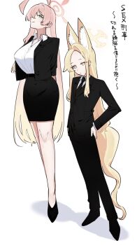 2girls alternate_costume black_suit blue_archive full_body hanako_(blue_archive) multiple_girls seia_(blue_archive) standing suit twitter yunomi_(yunomi1129)