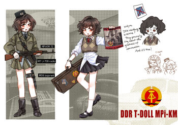 1girl adapted_uniform akm album_cover assault_rifle bag black_boots black_necktie black_shoes boots breasts brown_eyes brown_hair brown_sweater_vest camouflage camouflage_jacket camouflage_skirt car character_name checkered_clothes collar_pin combat_knife cover east_germany english_text erich_honecker fez_hat german_text girls&#039;_frontline gun hat helmet highres holding holding_gun holding_weapon ifa_wartburg jacket kalashnikov_rifle knife mary_janes messy_hair military_hat military_uniform miniskirt motor_vehicle mpi-km necktie open_mouth original photo_(object) photo_background plaid_clothes plaid_skirt radio raised_eyebrows red_necktie rifle sheath shirt shoes short_hair sketch_inset skirt small_breasts socks sticker strichtarn suitcase sweater_vest tank_helmet thigh_strap trabant untucked_shirt useless_centipde watch weapon white_shirt white_socks wristwatch