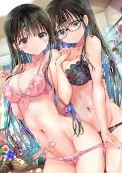 2girls bare_arms black-framed_eyewear black_bra black_hair black_panties blush bra breasts brown_eyes cleavage closed_mouth collarbone dutch_angle glasses green_eyes hair_between_eyes highres indoors lace lace_bra large_breasts light_blush lingerie long_hair looking_at_viewer multiple_girls navel ogata_tei original panties panty_pull parted_lips pink_bra pink_panties siblings sidelocks signature sisters smile standing twins underwear underwear_only very_long_hair