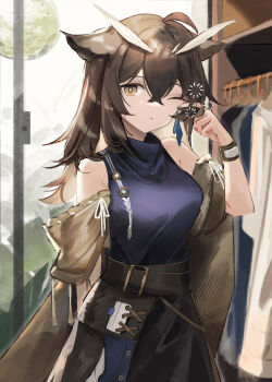 1girl absurdres arknights blue_shirt breasts brown_eyes brown_hair commentary ema_(kuguiema) hair_between_eyes highres long_hair looking_at_viewer medium_breasts off_shoulder one_eye_closed shirt silence_(arknights) silence_the_paradigmatic_(arknights) sleeveless sleeveless_shirt solo