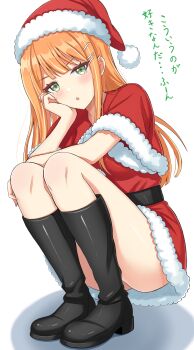 1girl absurdres blush boots commentary_request crouching_start dress fur-trimmed_dress fur-trimmed_headwear fur_trim gakuen_idolmaster green_eyes hat head_rest highres idolmaster knee_boots long_hair looking_at_viewer mole mole_under_eye orange_hair red_dress santa_costume santa_dress santa_hat shiun_sumika simple_background solo squatting translation_request white_background