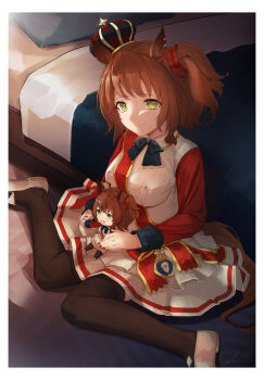 1girl absurdres animal_ears aston_machan_(flare)_(umamusume) aston_machan_(umamusume) bed black_bow black_bowtie black_thighhighs bow bowtie breasts brown_hair character_doll closed_mouth commentary crown doll ear_ornament english_commentary green_eyes hair_between_eyes hair_ornament hair_scrunchie highres holding holding_doll horse_ears horse_girl horse_tail kenney_q11 long_sleeves looking_at_viewer medium_breasts medium_hair mini_crown red_nails red_sash red_scrunchie red_sleeves sash scrunchie shirt sitting skirt smile solo tail thighhighs tilted_headwear umamusume wariza white_shirt white_skirt