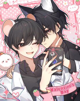 ... 2boys ;d animal_ears arm_around_neck biyoo_(omniscient_reader&#039;s_viewpoint) black_coat black_eyes black_shirt cat_ears coat collared_shirt commentary elzfbrvsnr30247 hand_on_another&#039;s_shoulder highres holding holding_phone kim_dokja male_focus mouse_ears multiple_boys omniscient_reader&#039;s_viewpoint one_eye_closed open_clothes open_coat open_mouth outline phone pink_outline shirt smile speech_bubble spoken_ellipsis symbol-only_commentary taking_picture upper_body valentine yoo_joonghyuk