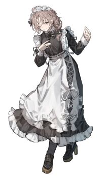 1boy apron black_bow black_dress black_shoes bow bowing braid brown_hair closed_mouth commentary crossdressing crossdressing_(mtf) dress frilled_dress frills full_body grey_eyes hair_between_eyes highres kanae_(19th_costume)_(nijisanji) kanae_(nijisanji) long_hair looking_at_viewer maid maid_apron maid_headdress mole mole_under_eye nijisanji official_alternate_costume one_eye_closed shoes simple_background smile solo toripii_(tori_pippi_07) virtual_youtuber white_background